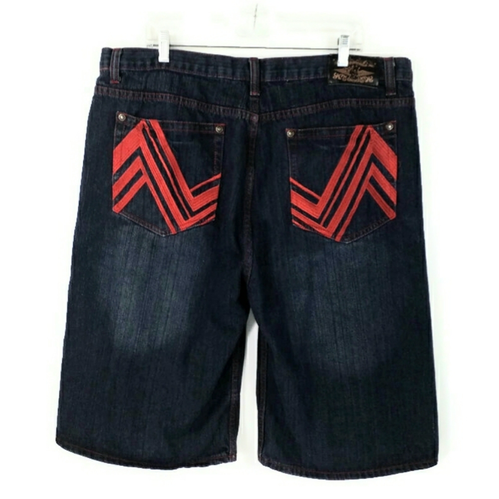 NBN Gear Dark Wash Red Embroidered Pocket Cotton Denim Jean Shorts Mens Size 40